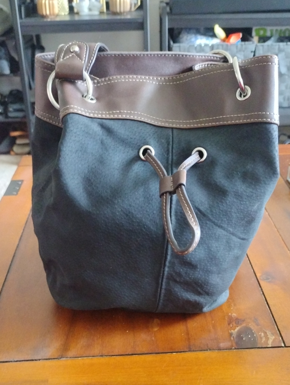 Wilsons Leather Vintage Black Canvas & Brown Leather Bucket Bag